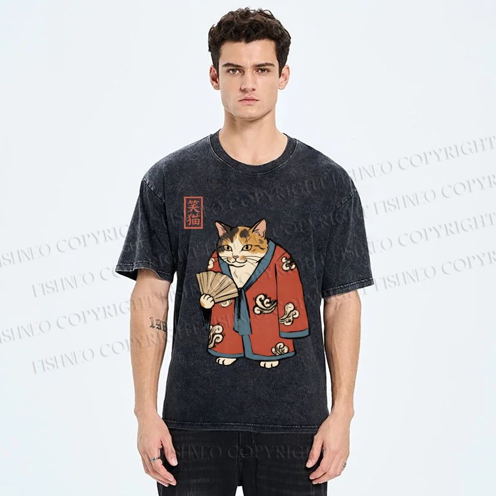 Unisex Ukiyo-e Cat Printed Washed Tee