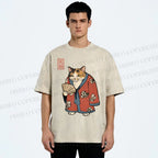 Unisex Ukiyo-e Cat Printed Washed Tee