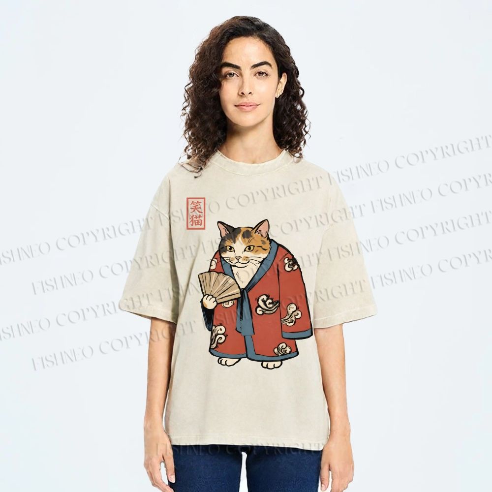 Unisex Ukiyo-e Cat Printed Washed Tee