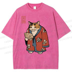 Unisex Ukiyo-e Cat Printed Washed Tee