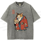 Unisex Ukiyo-e Cat Printed Washed Tee