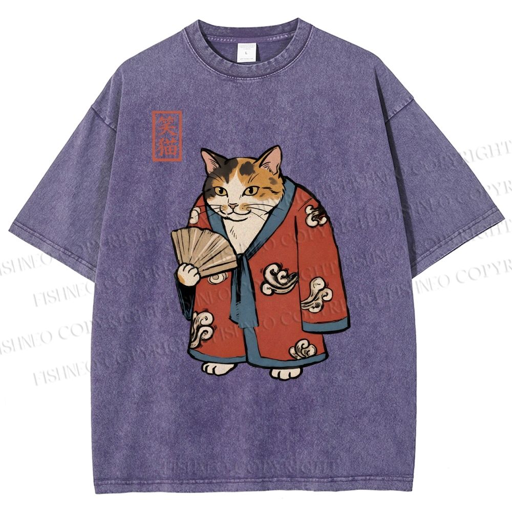 Unisex Ukiyo-e Cat Printed Washed Tee