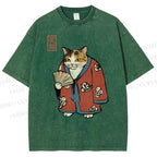 Unisex Ukiyo-e Cat Printed Washed Tee