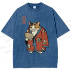 Unisex Ukiyo-e Cat Printed Washed Tee