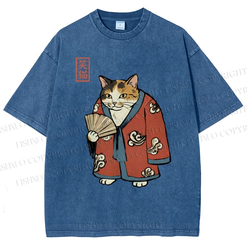 Unisex Ukiyo-e Cat Printed Washed Tee