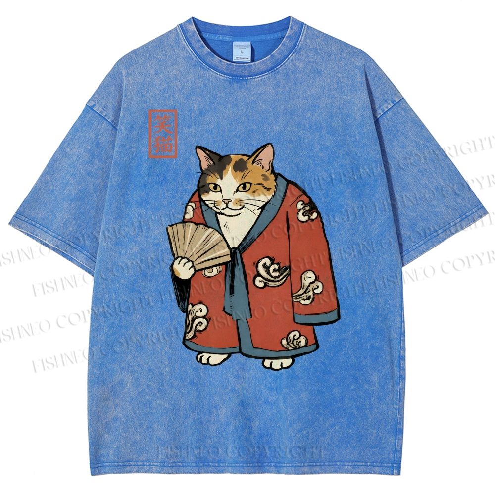 Unisex Ukiyo-e Cat Printed Washed Tee