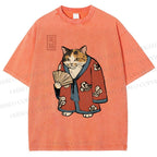 Unisex Ukiyo-e Cat Printed Washed Tee