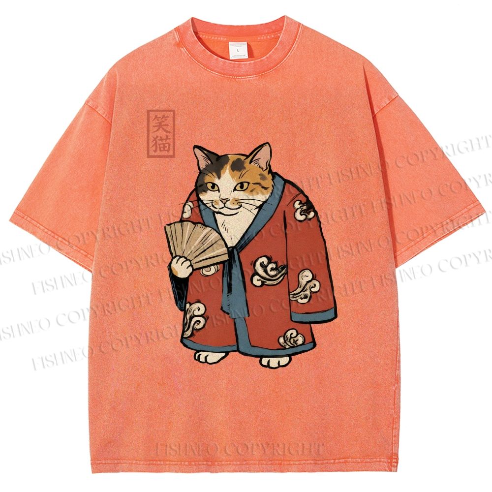 Unisex Ukiyo-e Cat Printed Washed Tee