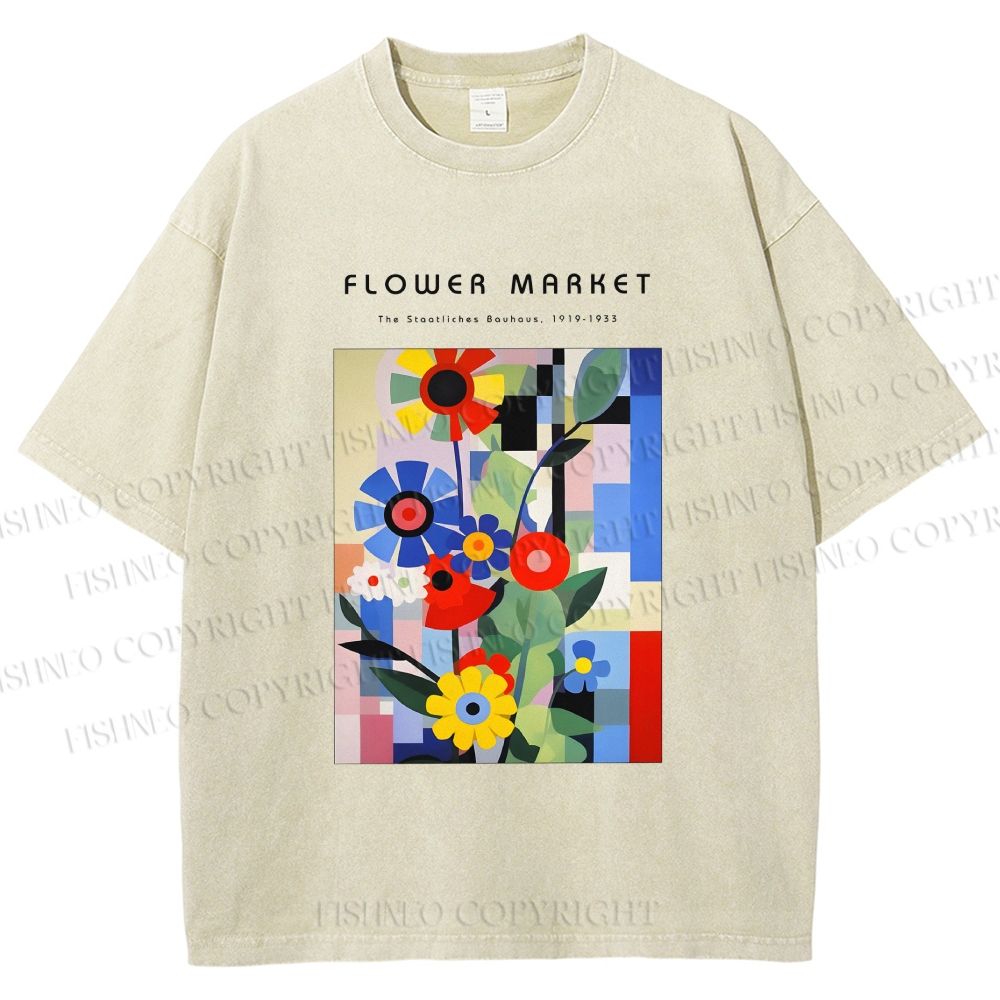 Unisex Bauhaus Minimalist Abstract Flower Printed Washed Tee