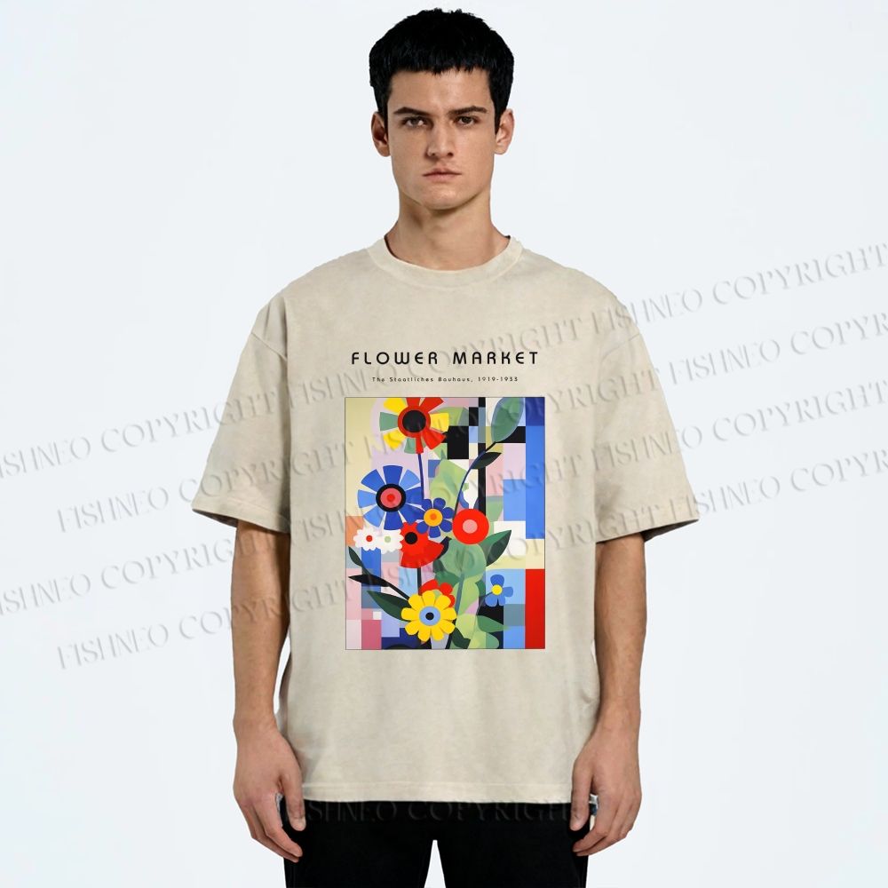 Unisex Bauhaus Minimalist Abstract Flower Printed Washed Tee
