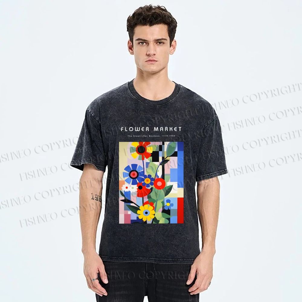 Unisex Bauhaus Minimalist Abstract Flower Printed Washed Tee