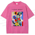 Unisex Bauhaus Minimalist Abstract Flower Printed Washed Tee