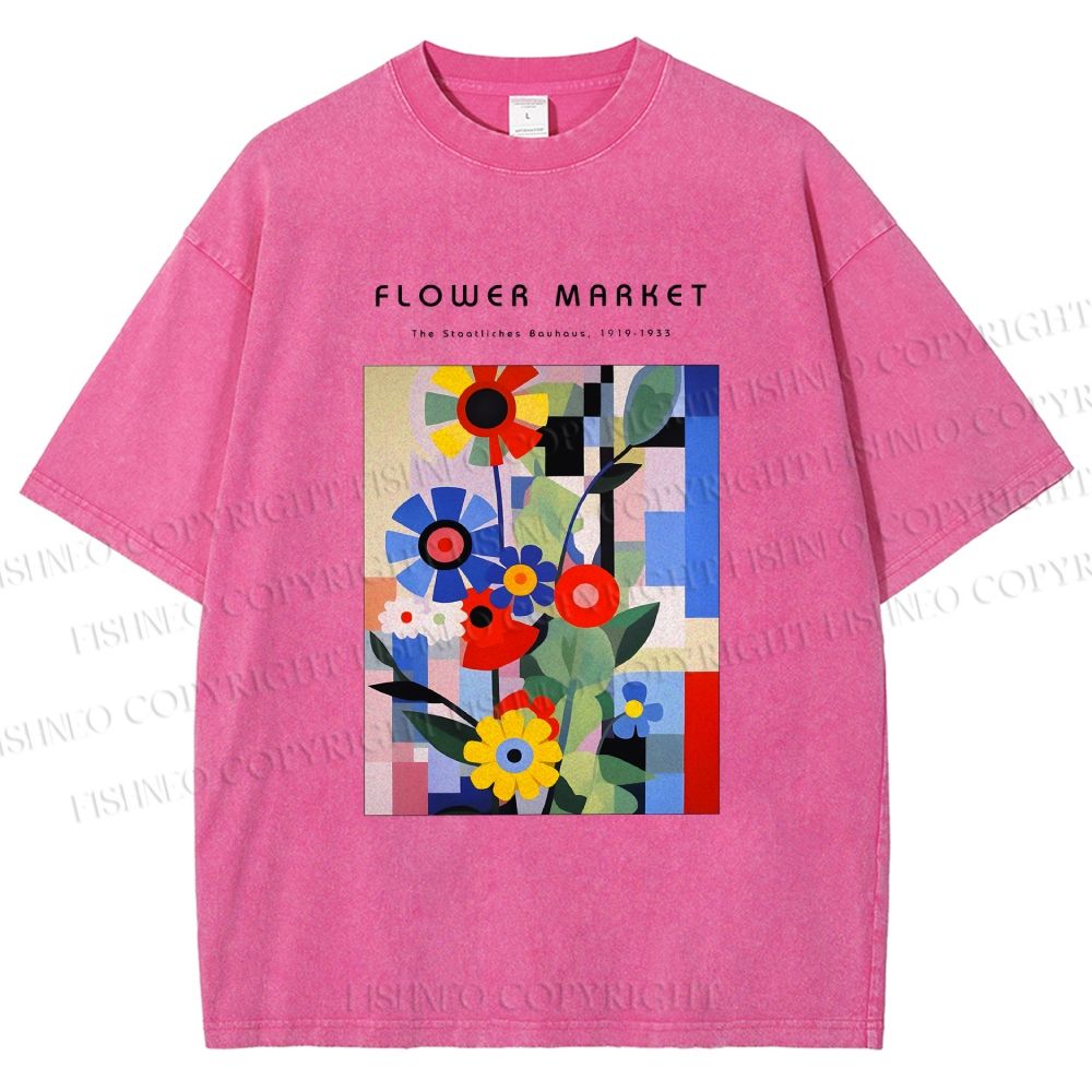 Unisex Bauhaus Minimalist Abstract Flower Printed Washed Tee