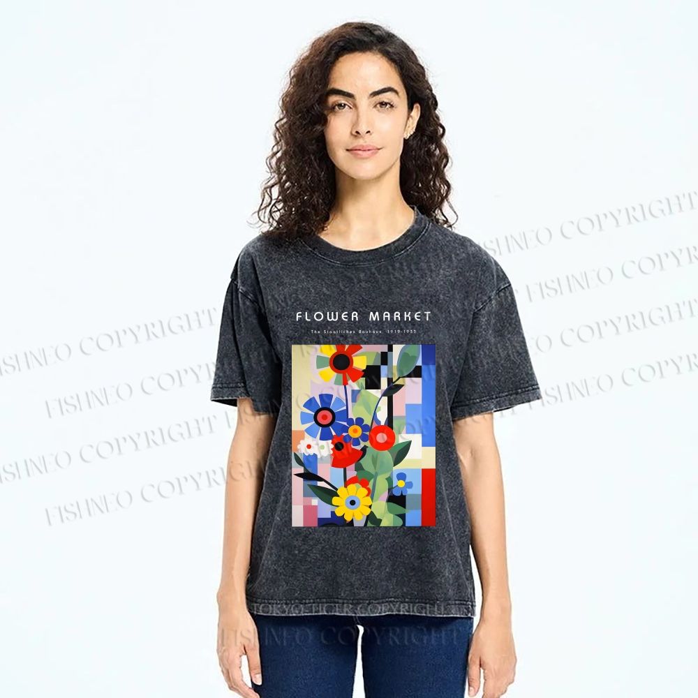 Unisex Bauhaus Minimalist Abstract Flower Printed Washed Tee