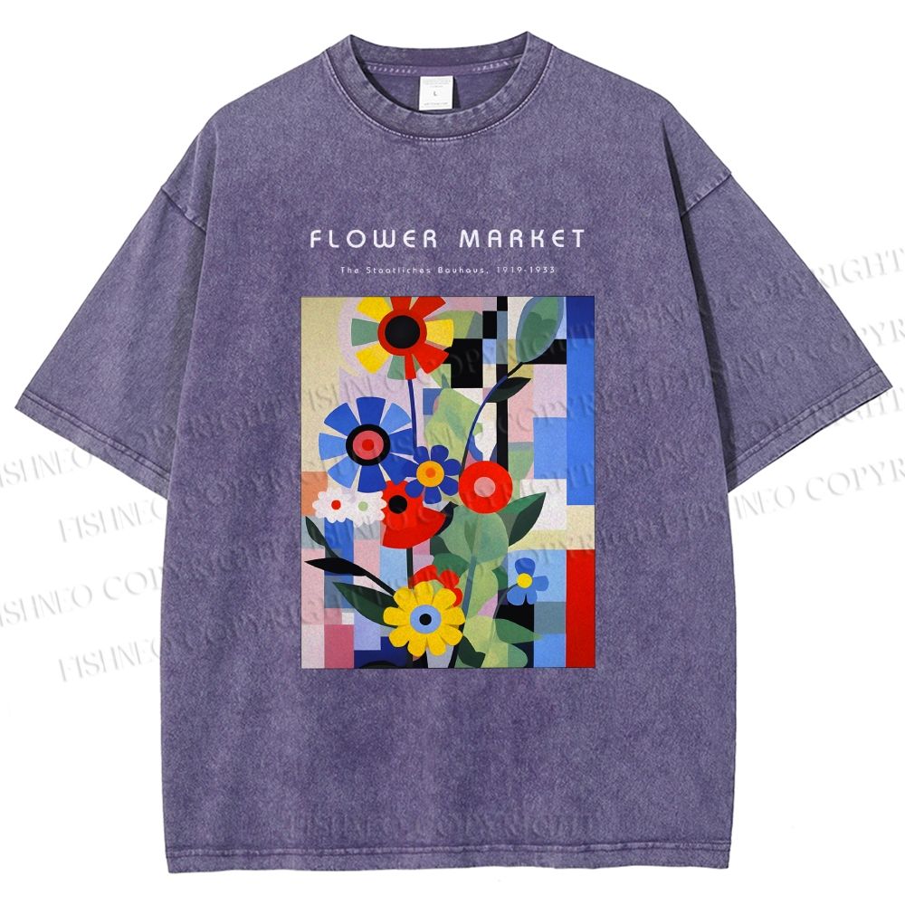 Unisex Bauhaus Minimalist Abstract Flower Printed Washed Tee