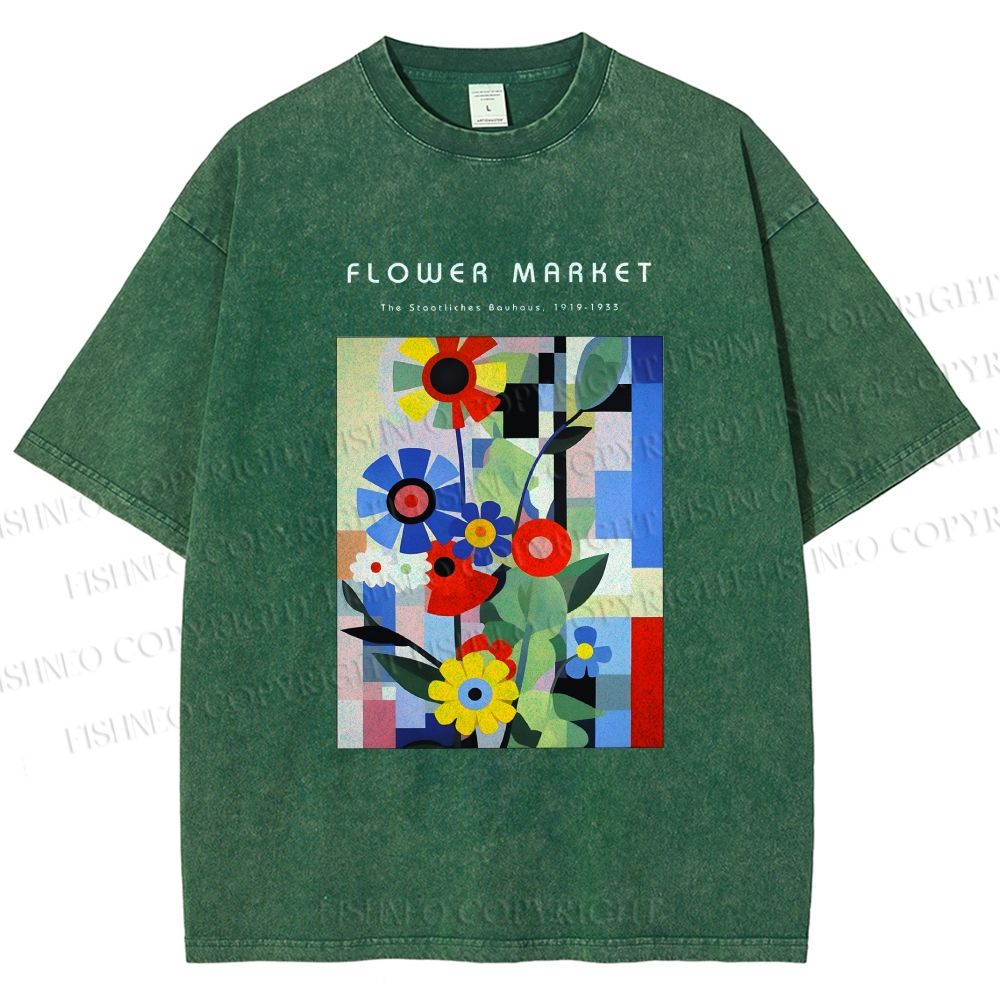 Unisex Bauhaus Minimalist Abstract Flower Printed Washed Tee