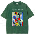 Unisex Bauhaus Minimalist Abstract Flower Printed Washed Tee