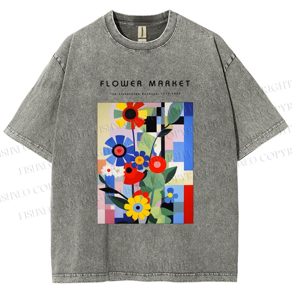 Unisex Bauhaus Minimalist Abstract Flower Printed Washed Tee