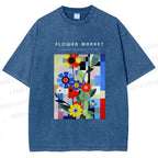 Unisex Bauhaus Minimalist Abstract Flower Printed Washed Tee