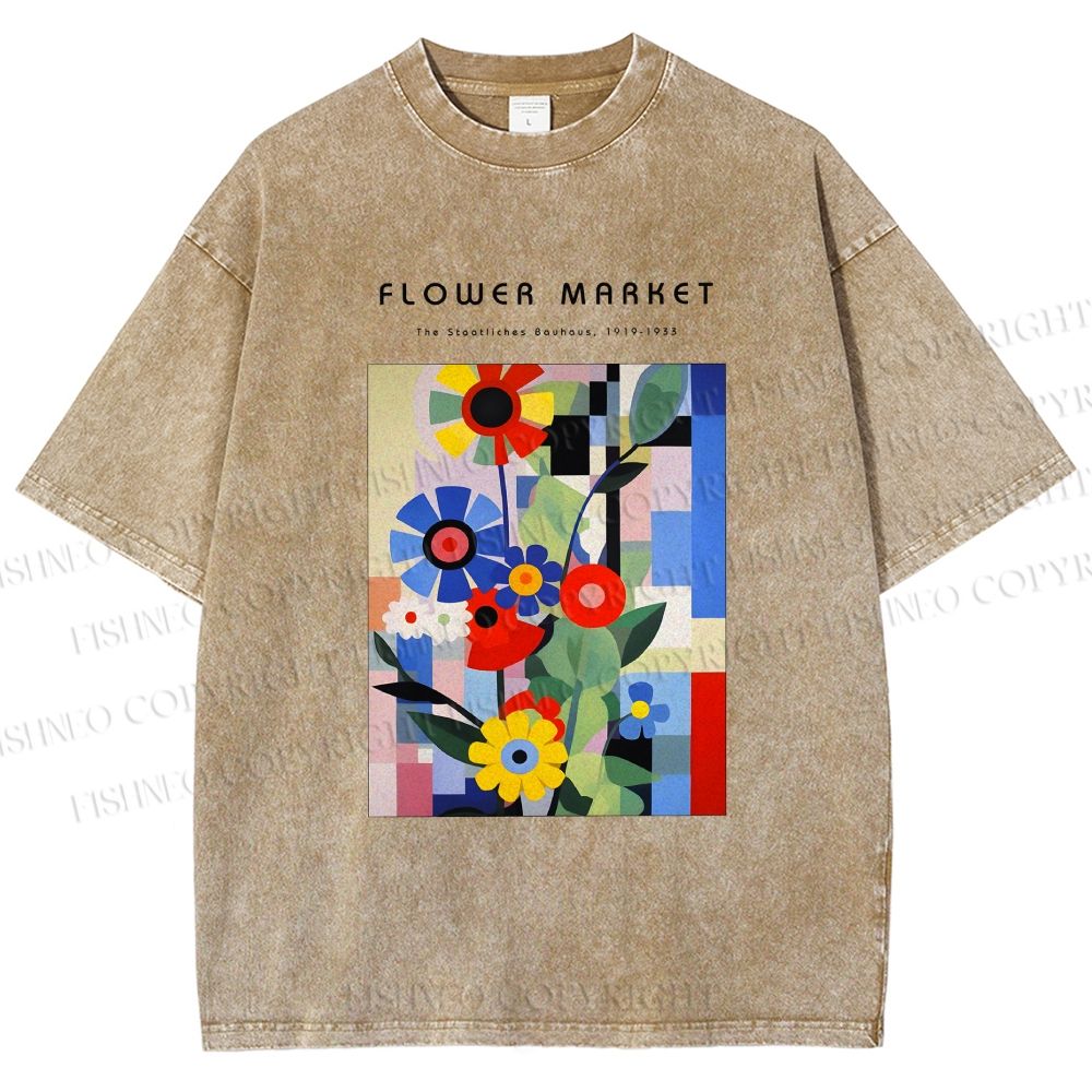 Unisex Bauhaus Minimalist Abstract Flower Printed Washed Tee