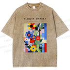Unisex Bauhaus Minimalist Abstract Flower Printed Washed Tee