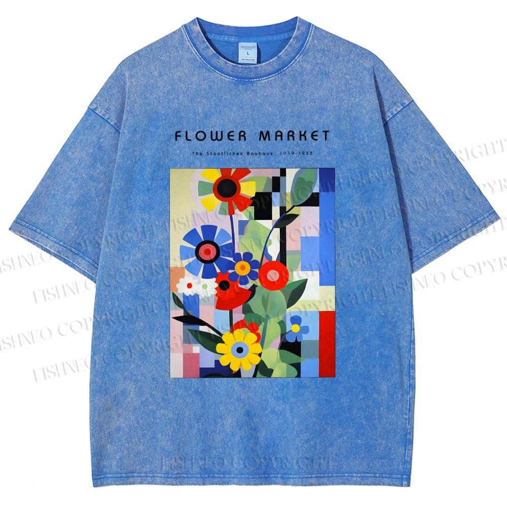 Unisex Bauhaus Minimalist Abstract Flower Printed Washed Tee