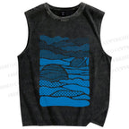 Unisex Blue Polka Dots Wave Printed Washed Tank Top