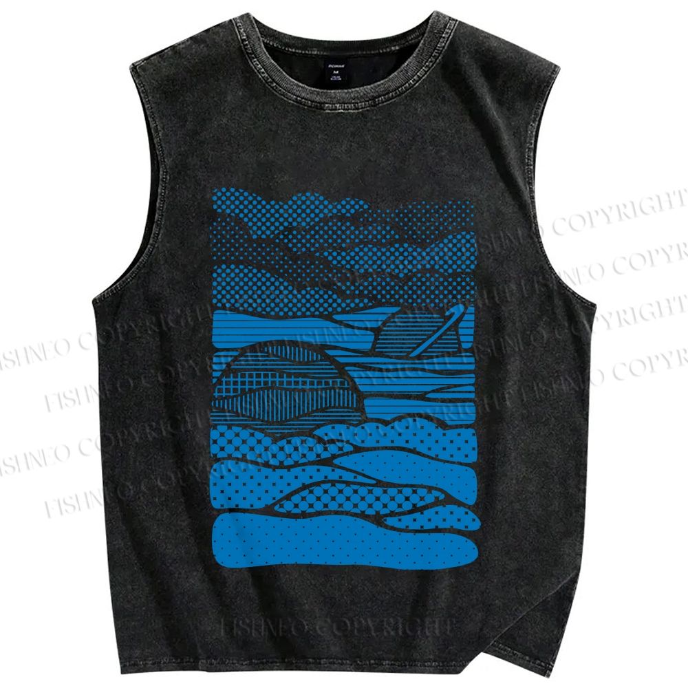 Unisex Blue Polka Dots Wave Printed Washed Tank Top