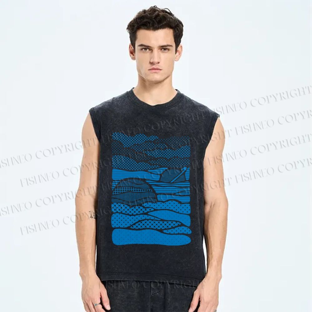 Unisex Blue Polka Dots Wave Printed Washed Tank Top