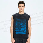 Unisex Blue Polka Dots Wave Printed Washed Tank Top