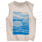 Unisex Blue Polka Dots Wave Printed Washed Tank Top