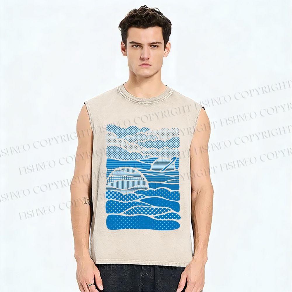Unisex Blue Polka Dots Wave Printed Washed Tank Top