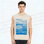 Unisex Blue Polka Dots Wave Printed Washed Tank Top