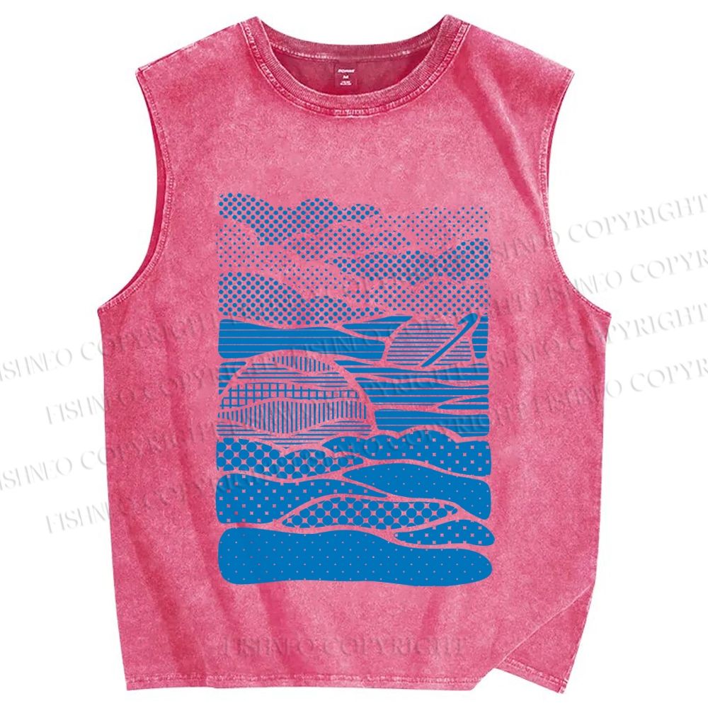 Unisex Blue Polka Dots Wave Printed Washed Tank Top