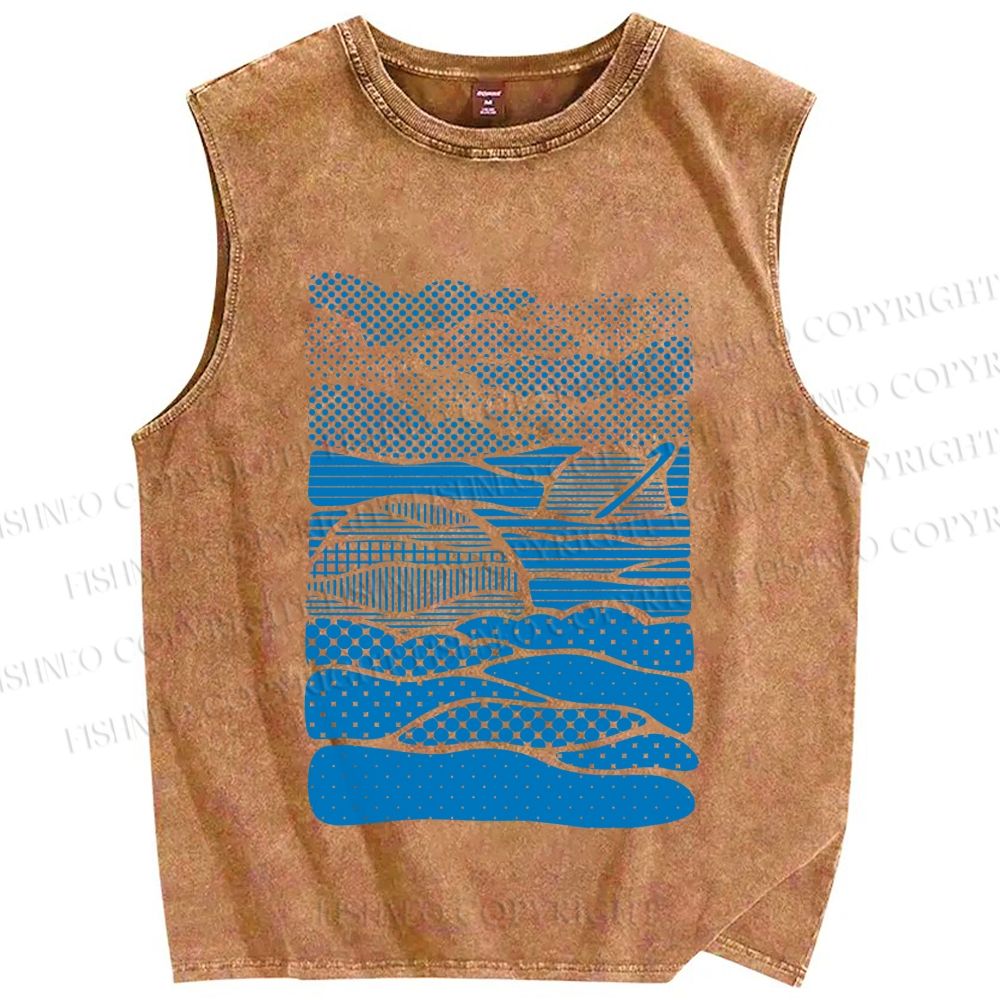 Unisex Blue Polka Dots Wave Printed Washed Tank Top