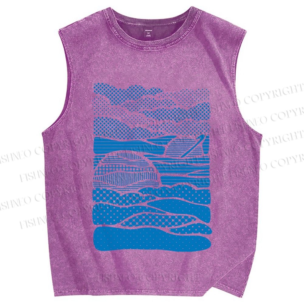 Unisex Blue Polka Dots Wave Printed Washed Tank Top