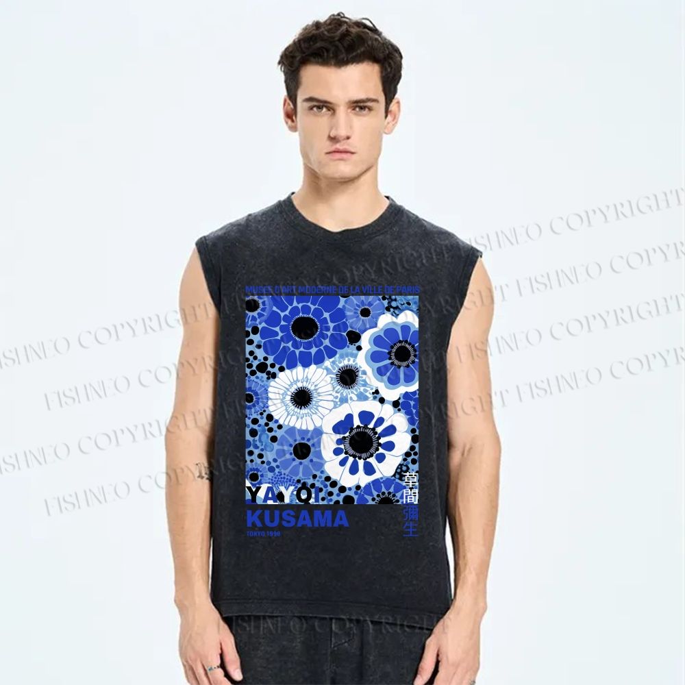 Unisex Yayoi Kusama Blue Flowers Printed Washed Tank Top