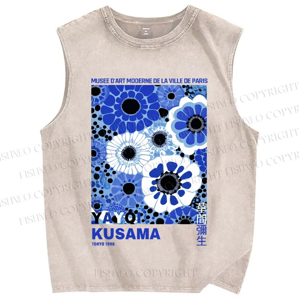 Unisex Yayoi Kusama Blue Flowers Printed Washed Tank Top