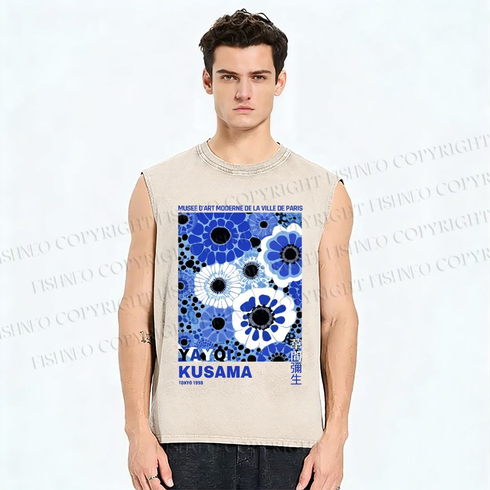 Unisex Yayoi Kusama Blue Flowers Printed Washed Tank Top