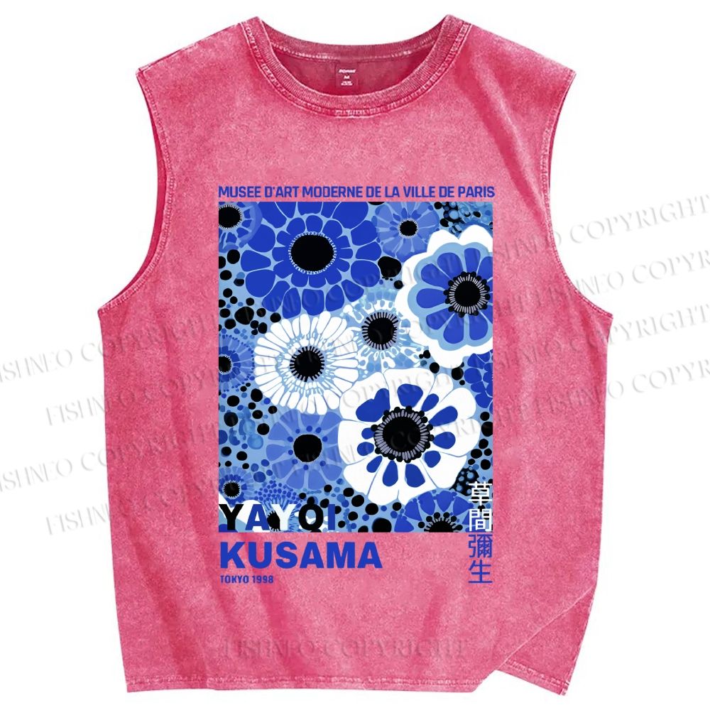 Unisex Yayoi Kusama Blue Flowers Printed Washed Tank Top