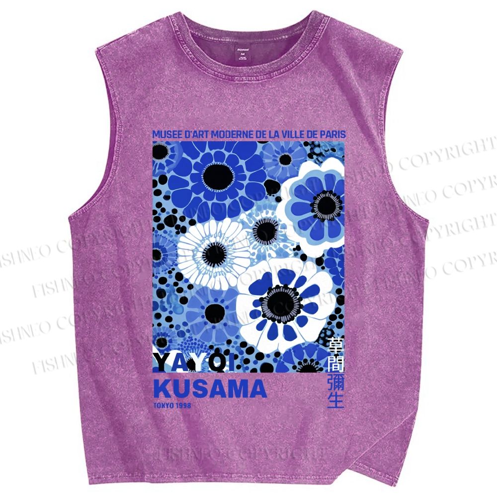 Unisex Yayoi Kusama Blue Flowers Printed Washed Tank Top