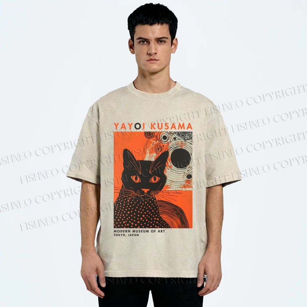 Unisex Yayoi Kusama Black Cat With Circles Printed Washed Tee