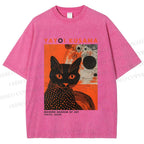 Unisex Yayoi Kusama Black Cat With Circles Printed Washed Tee