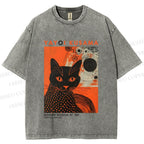 Unisex Yayoi Kusama Black Cat With Circles Printed Washed Tee