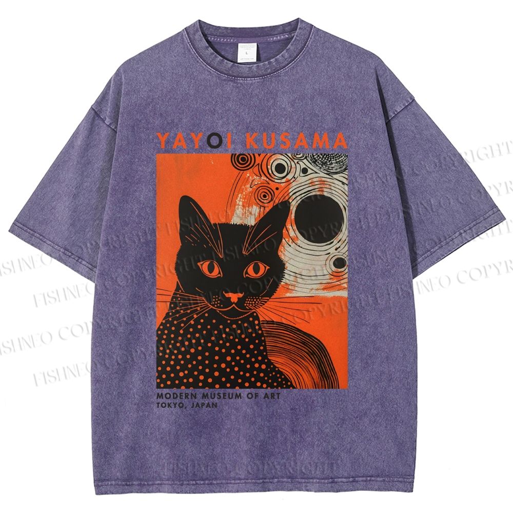 Unisex Yayoi Kusama Black Cat With Circles Printed Washed Tee