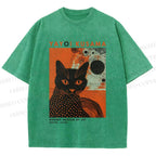 Unisex Yayoi Kusama Black Cat With Circles Printed Washed Tee