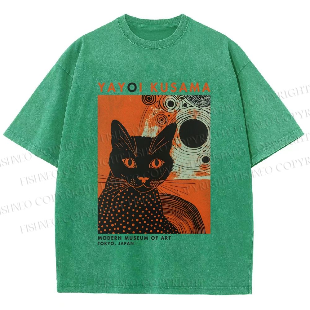 Unisex Yayoi Kusama Black Cat With Circles Printed Washed Tee