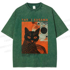 Unisex Yayoi Kusama Black Cat With Circles Printed Washed Tee