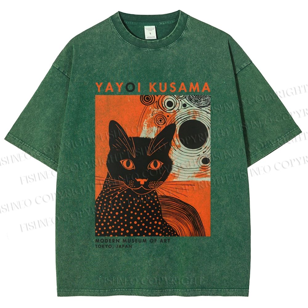 Unisex Yayoi Kusama Black Cat With Circles Printed Washed Tee