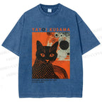 Unisex Yayoi Kusama Black Cat With Circles Printed Washed Tee